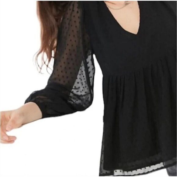 Urban Outfitters Top Womens Medium Clip Dot Babydoll V Neck Sheer Black Boho - Picture 4 of 10